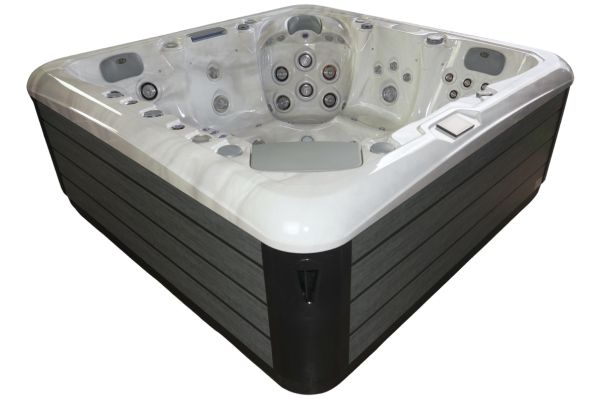 Luso Spas The Platinum 8 Hot Tub angled view of showing cabinet and interior jets on a white background.