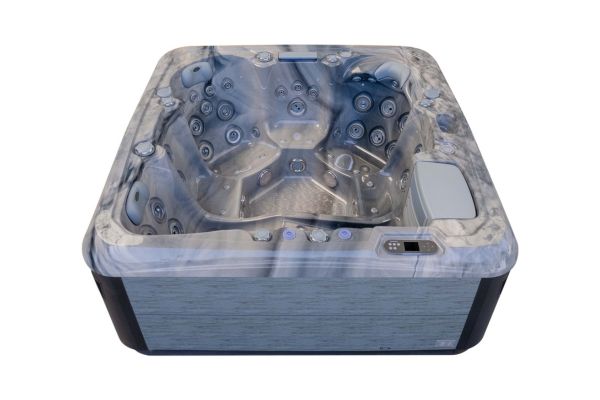 Front view of Luso Spas The Platinum 5 Hot Tub showcasing control panel and symmetrical seating layout, on a white background.