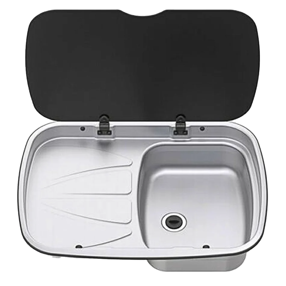 Top view of the Thetford Argent Sink With Left Hand Drainer showing the stainless steel sink bowl, integrated left-hand drainer, and hinged glass lid in the open position, on a transparent background.