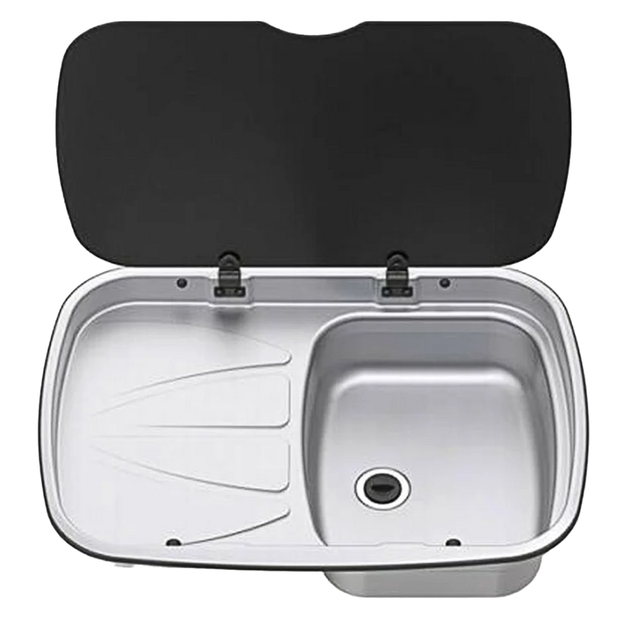 Top view of the Thetford Argent Sink With Left Hand Drainer showing the stainless steel sink bowl, integrated left-hand drainer, and hinged glass lid in the open position, on a transparent background.