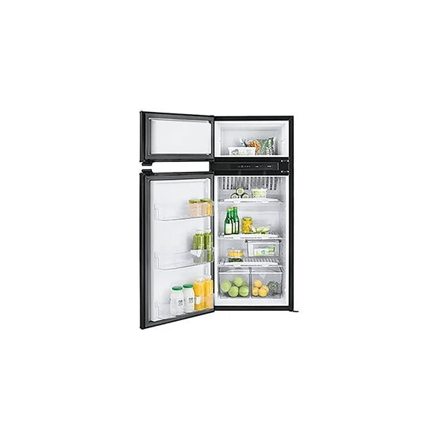 Thetford BL FRIDGE N4170E FLAT FRAMED open – An open black Thetford N4170E refrigerator with a flat frame, displaying organized groceries such as bottled drinks and fruits on a white background.
