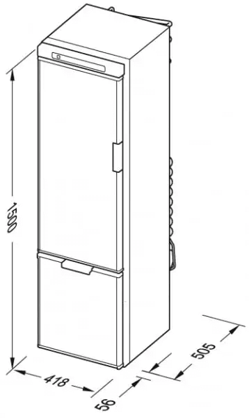 Thetford BL FRIDGE N4141E+ FLAT FRAMED dimension diagram, on a white background.
