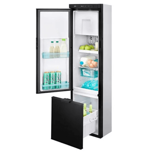 Thetford BL FRIDGE N4141E+ FLAT FRAMED with doors open showing stocked shelves, on a white background.