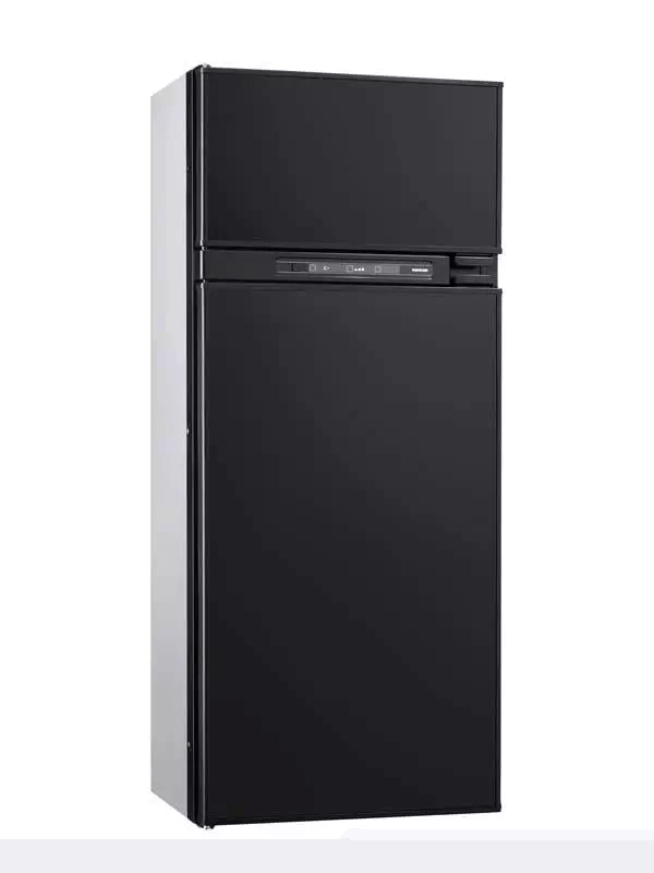 Front view of a closed Thetford BL FRIDGE N4170A Flat Framed refrigerator with a sleek black exterior, on a white background.