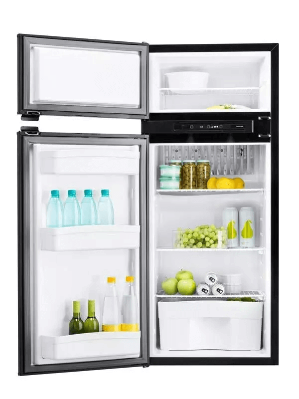 Thetford BL FRIDGE N4170A Flat Framed refrigerator shown with both doors open, revealing a stocked freezer and fridge interior with various beverages and produce, on a white background.