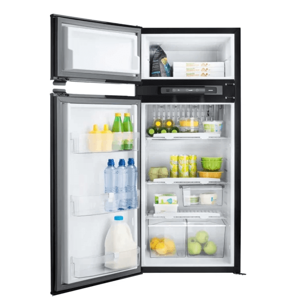 Interior view of Thetford BL FRIDGE N4175A CURVED FRAME showing organized shelves and fully stocked compartments, on a white background.