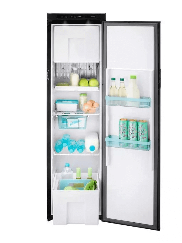 Thetford N4142A Flat Frame fridge interior view with shelves stocked with drinks, eggs, and produce, on a white background.
