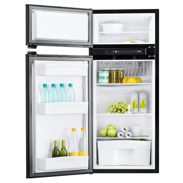 Thetford N4145E+ refrigerator with doors open showing shelves stocked with food and drinks, on a white background.