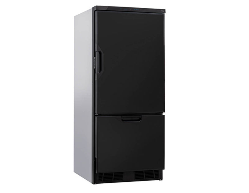 Thetford T2160 12V fridge closed front view showing top fridge and bottom drawer compartments, on a white background.
