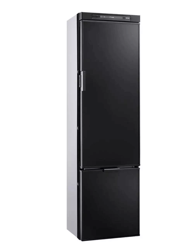 Thetford THET.FRIDGE N4141A FLAT FRAMED – Closed view of the tall, slim black refrigerator with bottom freezer, on a white background.
