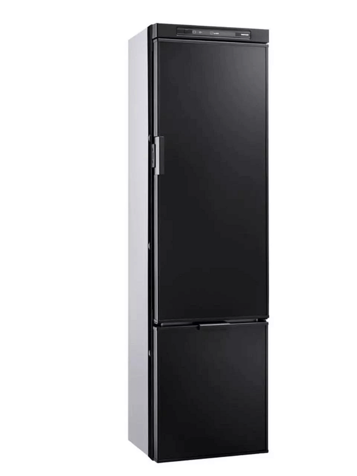 Thetford THET.FRIDGE N4141A FLAT FRAMED – Closed view of the tall, slim black refrigerator with bottom freezer, on a white background.