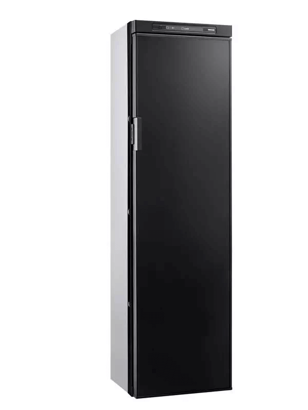 Thetford N4142A Flat Frame closed black fridge door with silver sides, on a white background.