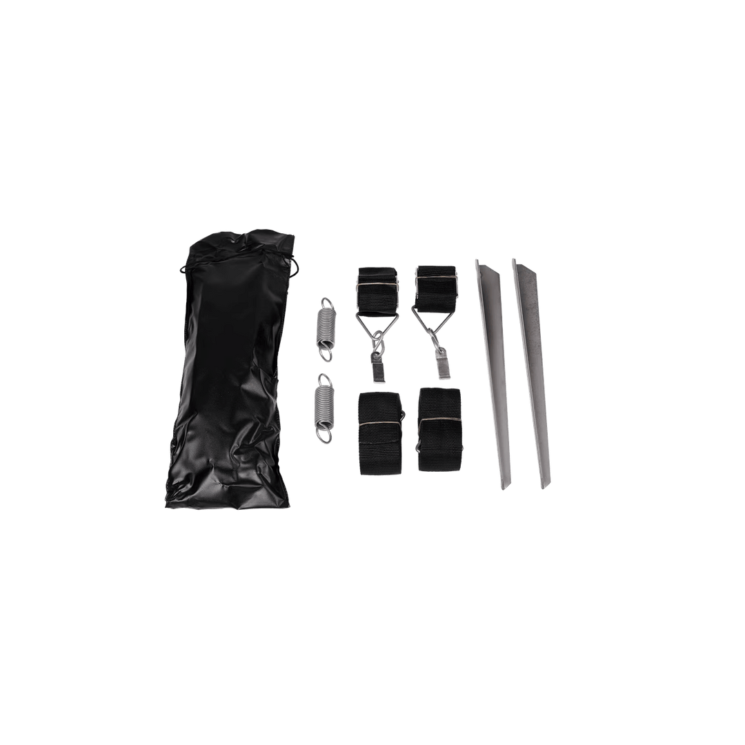 Thule awning storm straps kit with straps, springs, pegs, and storage bag on a transparent background.