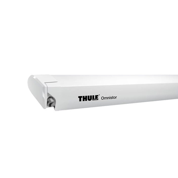 Close-up of white Thule Omnistor awning cassette on a white background.