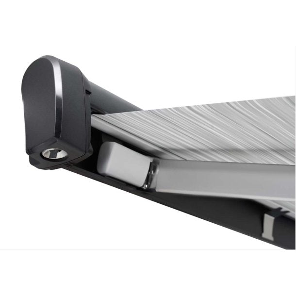 Close-up of Thule awning arm mechanism on a white background.