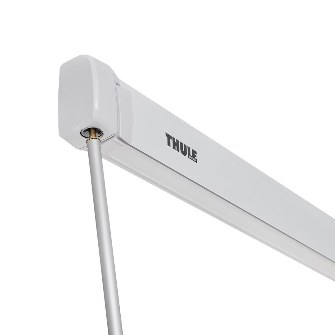 White Thule awning case with support pole attached on a white background.