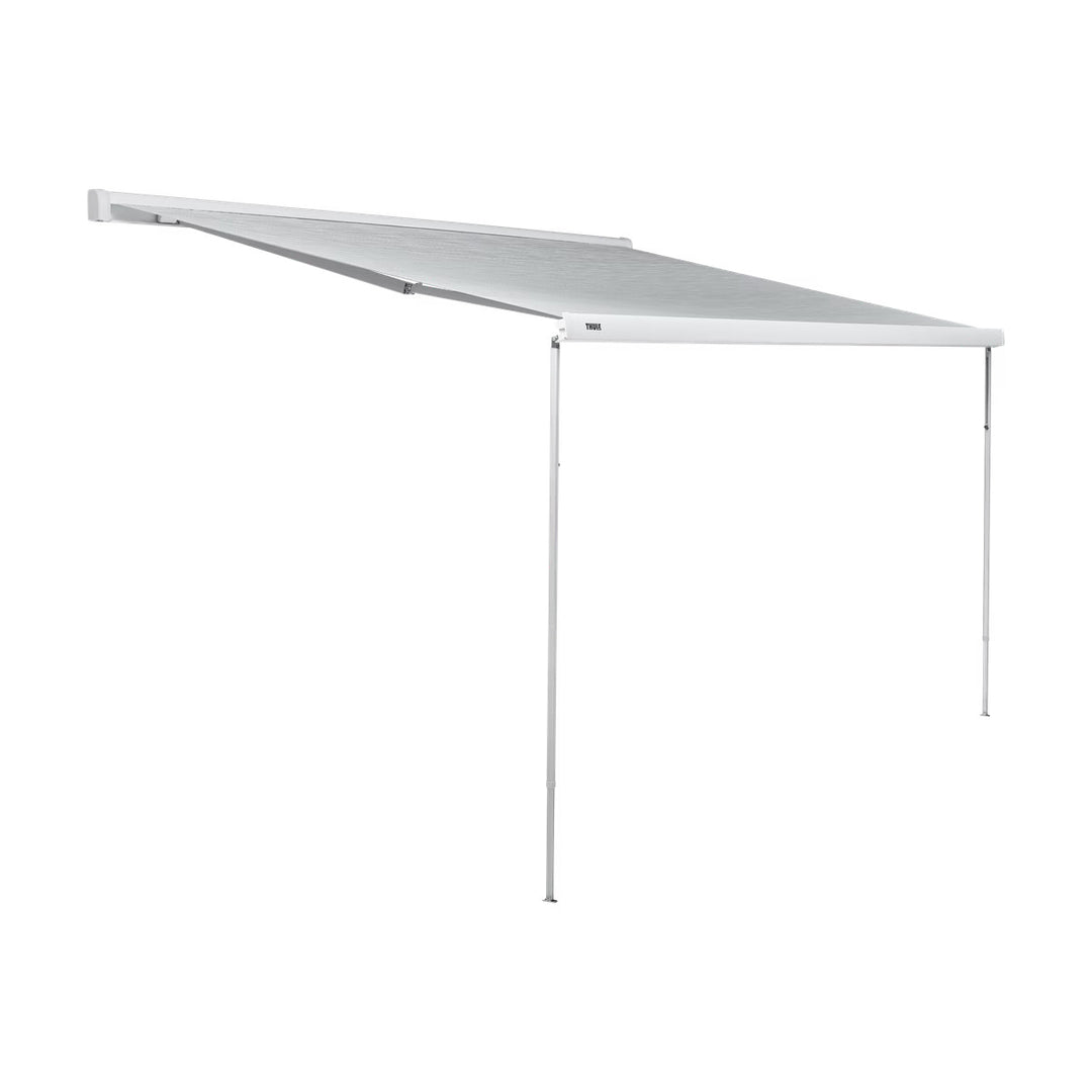 White Thule awning extended with support legs on a white background.
