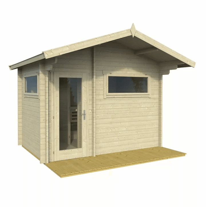 InMedias Timo Log Sauna exterior in natural wood finish on a white background.