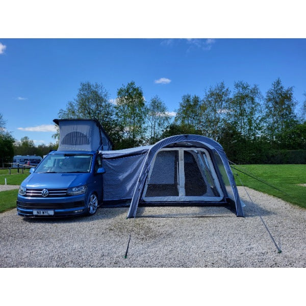 Touring Motor Air Driveaway Awning front facing view displaying entry points and window panels