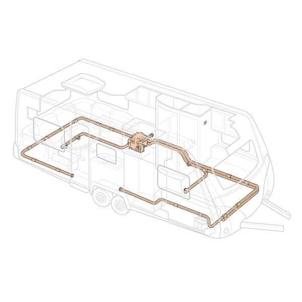 Truma Combi 4E Heater and Boiler caravan heating system layout diagram inside a caravan interior on a white background.