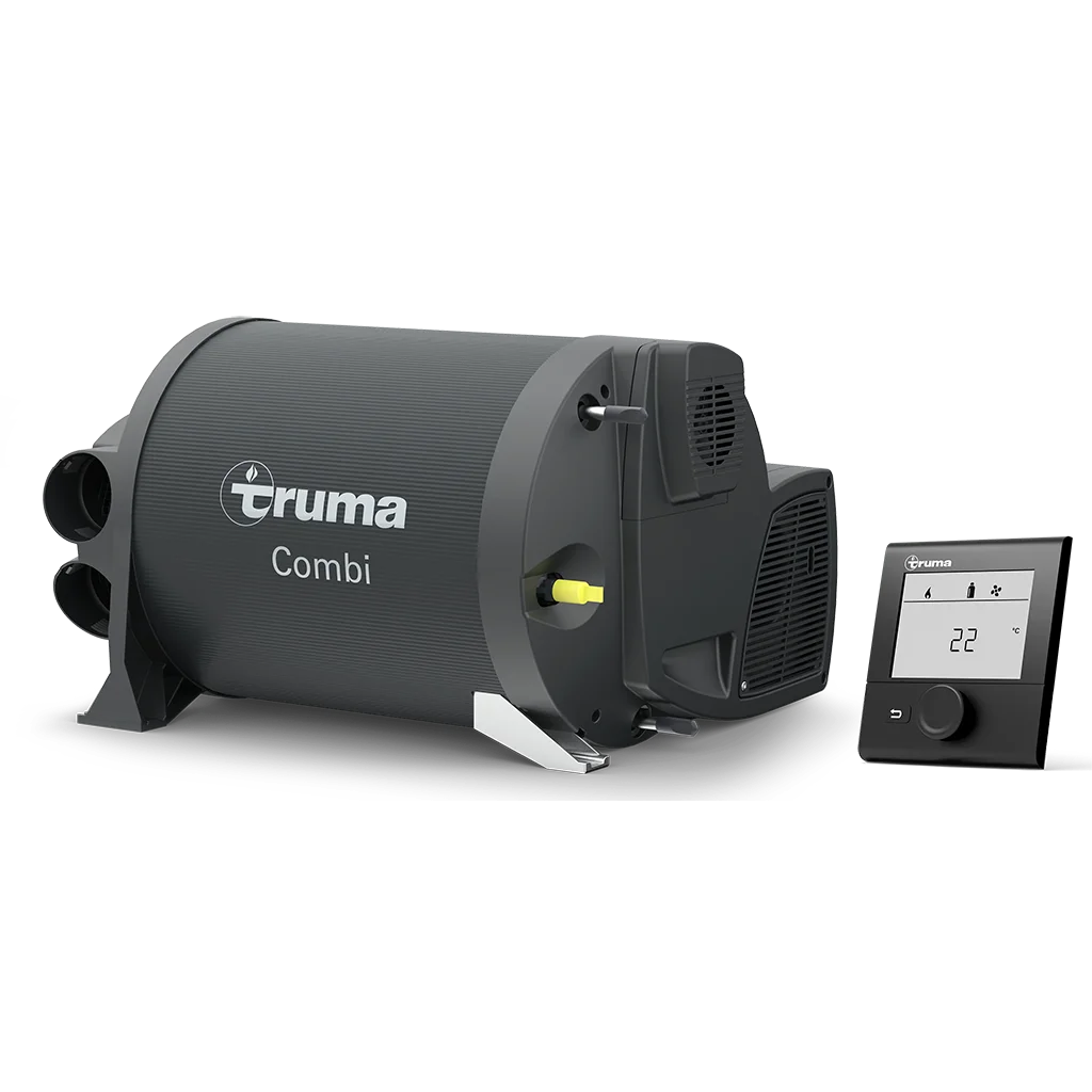 Truma Combi 4E Heater and Boiler with CP Plus control panel showing the full heating unit and thermostat on a transparent background.