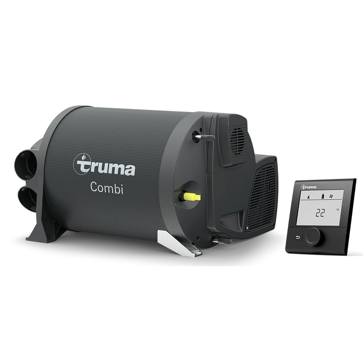 Truma Combi 4E Heater and Boiler with CP Plus control panel showing the full heating unit and thermostat on a transparent background.
