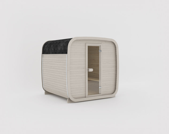 Ula Classic Outdoor Sauna in beige finish with black shingle roof shown on a white background.