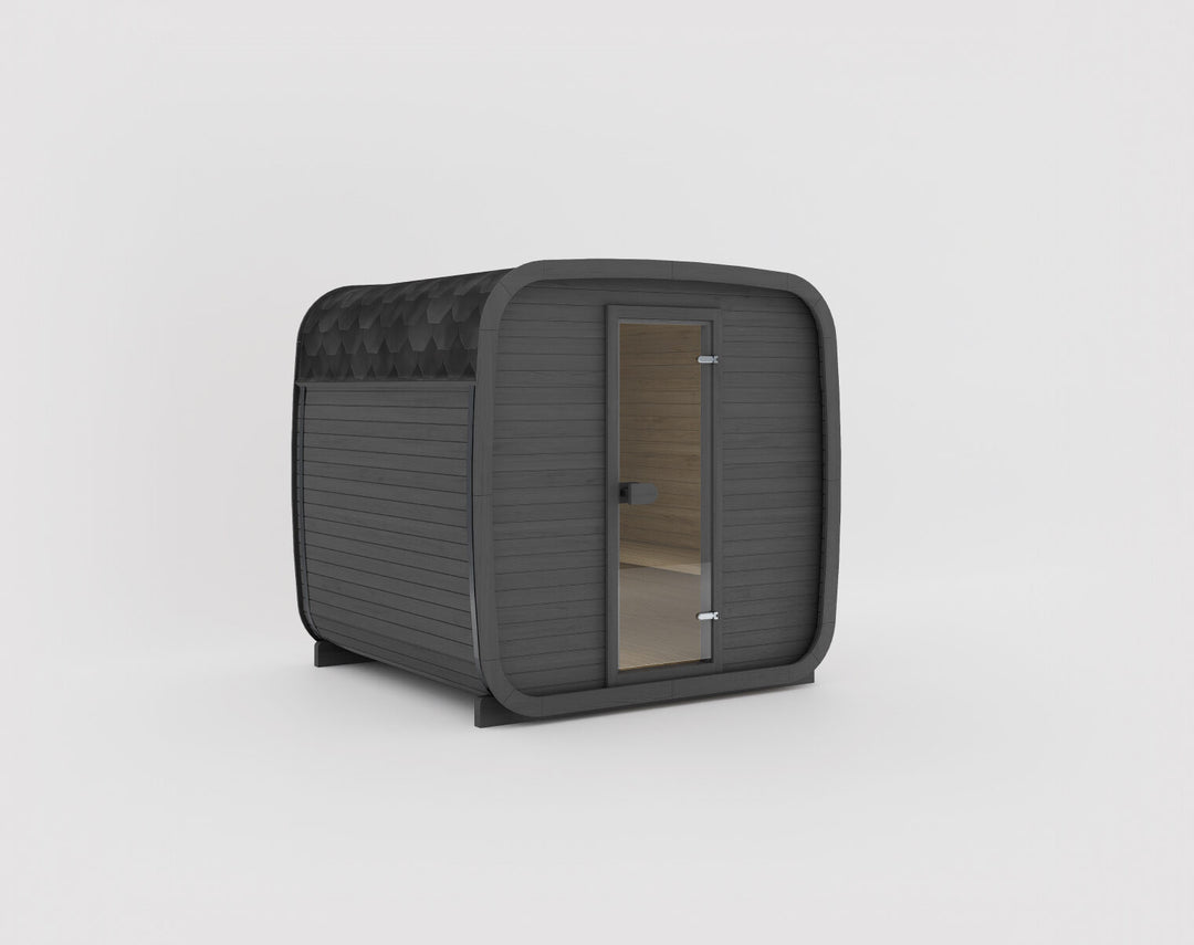 Ula Classic Outdoor Sauna in ebony finish with black shingle roof presented on a white background.