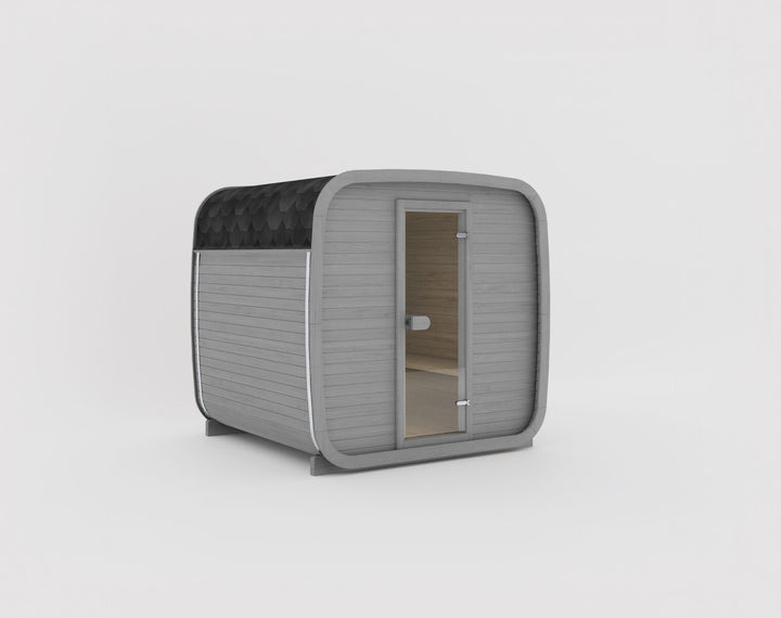 Ula Classic Outdoor Sauna in grey finish with black shingle roof displayed on a white background.