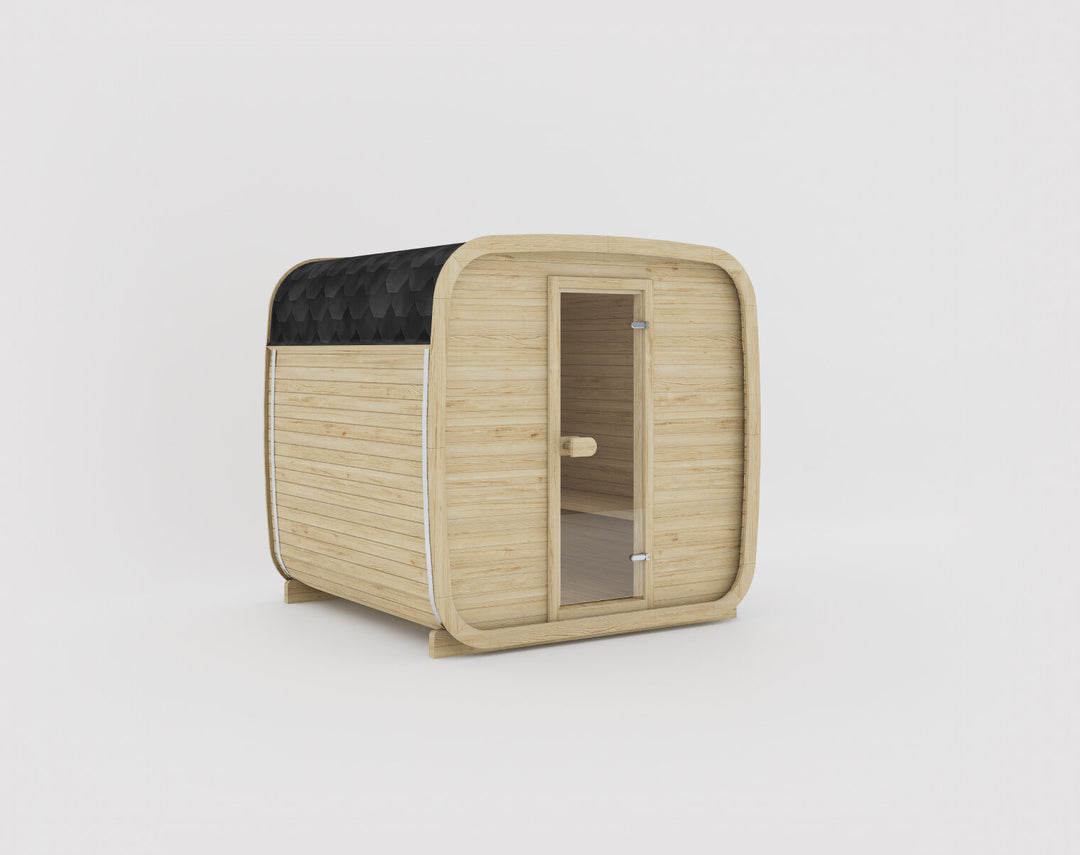 Ula Classic Outdoor Sauna in hazel wood finish with black shingle roof displayed on a white background.