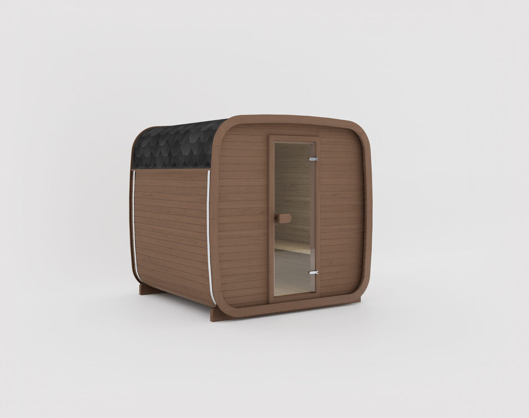 Ula Classic Outdoor Sauna in teak wood finish with black shingle roof shown on a white background.