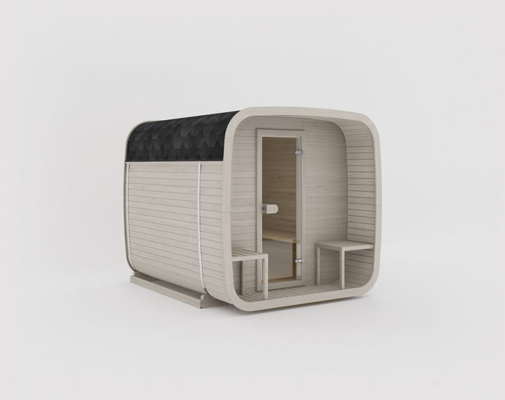 Ula Grand Outdoor Sauna in beige finish with black shingle roof displayed on a white background.