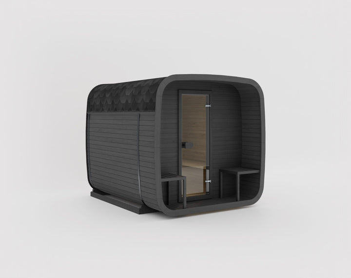 Ula Grand Outdoor Sauna in teak wood finish with black shingle roof displayed on a white background.