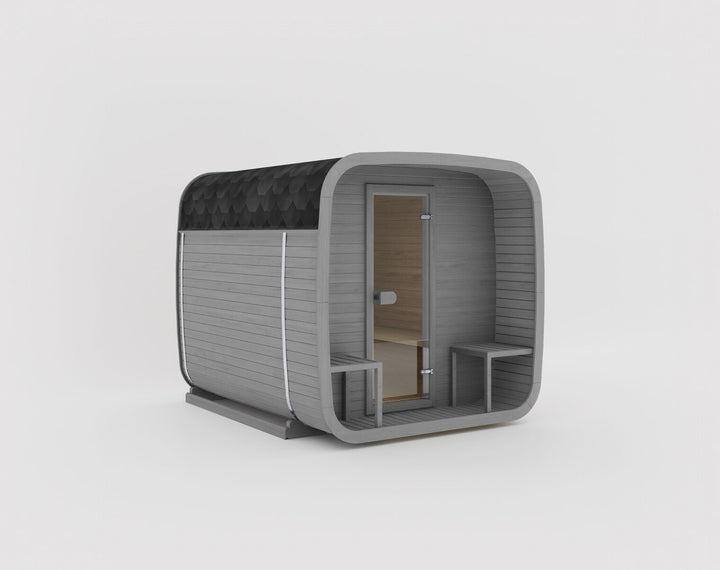 Ula Grand Outdoor Sauna in grey finish with black shingle roof shown on a white background.