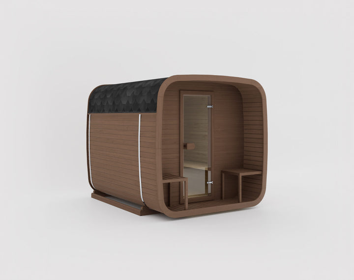 Ula Grand Outdoor Sauna in teak wood finish with black shingle roof displayed on a white background.