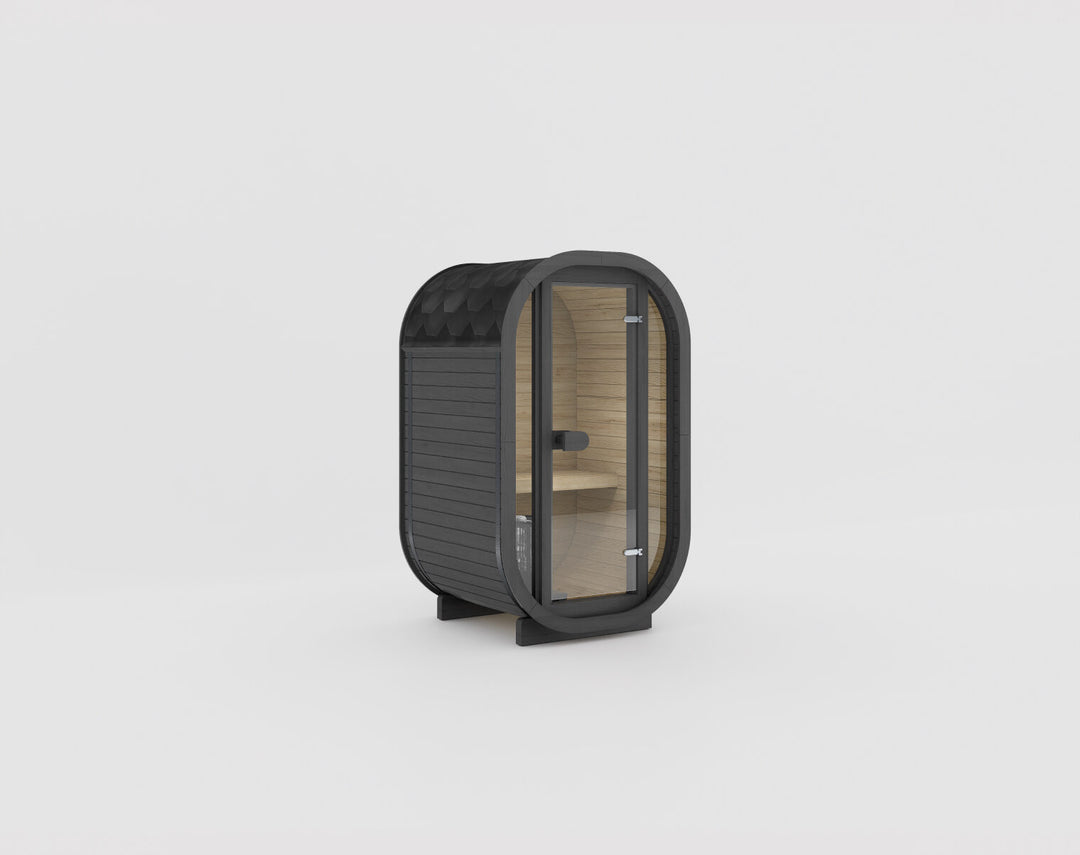 Ula Micro 2-Person Outdoor Sauna ebony finish dark wood sauna with black roof and glass door on a white background.