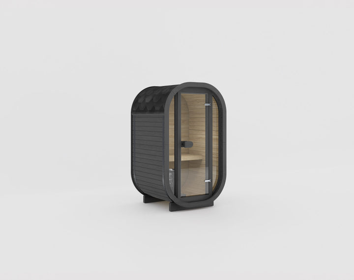 Ula Micro 2-Person Outdoor Sauna ebony finish dark wood sauna with black roof and glass door on a white background.