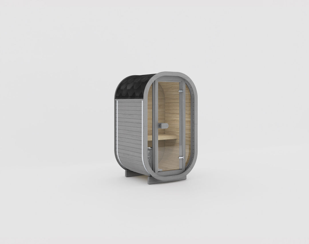 Ula Micro 2-Person Outdoor Sauna grey finish grey wood sauna with black roof and glass door on a white background.