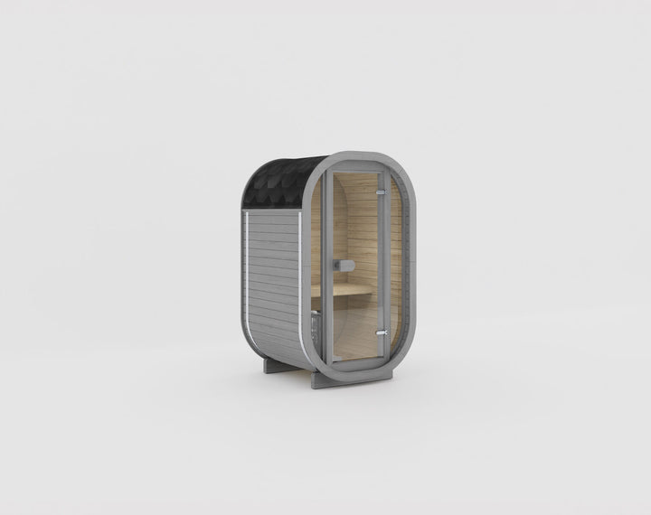 Ula Micro 2-Person Outdoor Sauna grey finish grey wood sauna with black roof and glass door on a white background.