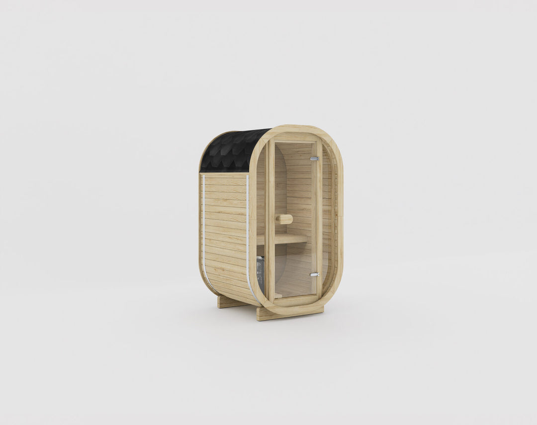 Ula Micro 2-Person Outdoor Sauna hazel finish compact wooden sauna with black roof and glass door on a white background.