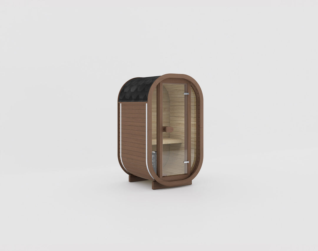 Ula Micro 2-Person Outdoor Sauna teak finish medium brown wood sauna with black roof and glass door on a white background.