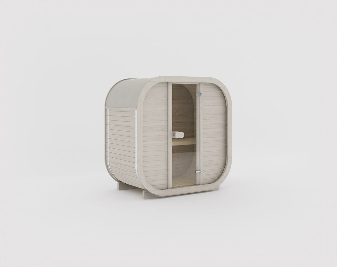 Ula Mini Outdoor Sauna beige finish light beige wood sauna with curved roof and glass door on a whitebackground.