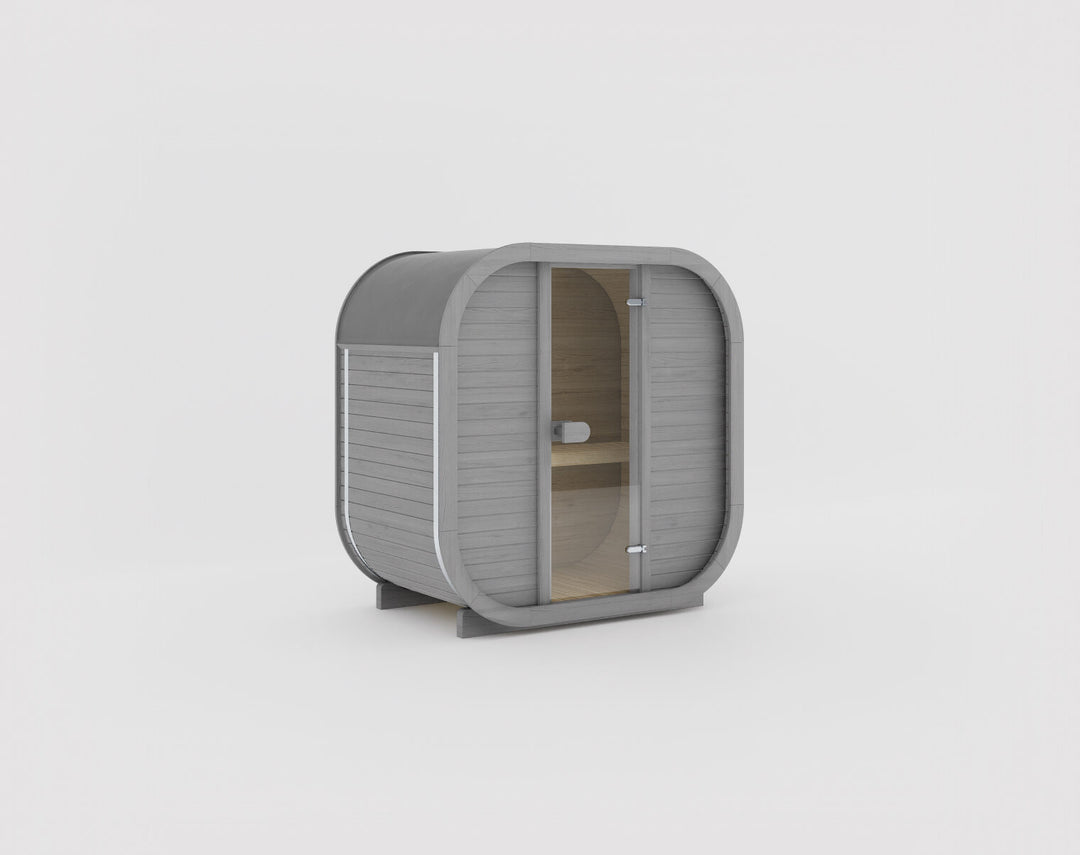Ula Mini Outdoor Sauna grey finish modern grey wood sauna cabin with glass door on a white background.