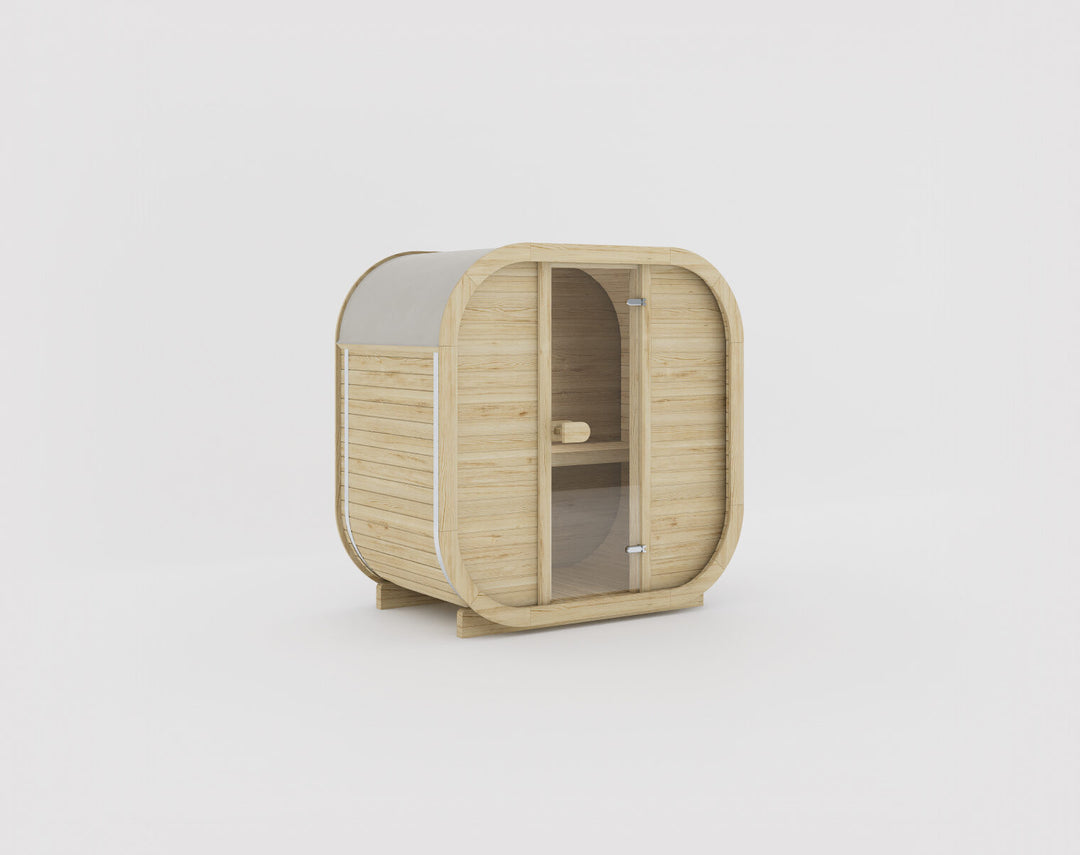 Ula Mini Outdoor Sauna hazel finish compact two-person sauna with glass door on a white background.