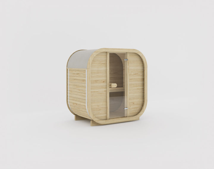 Ula Mini Outdoor Sauna hazel finish compact two-person sauna with glass door on a white background.