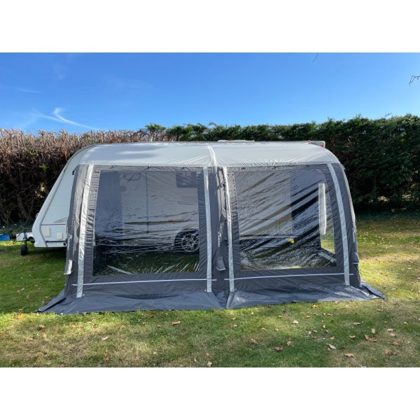 Front facing view of the Ultima Pro Air 390 Awning displaying full width and transparent panels