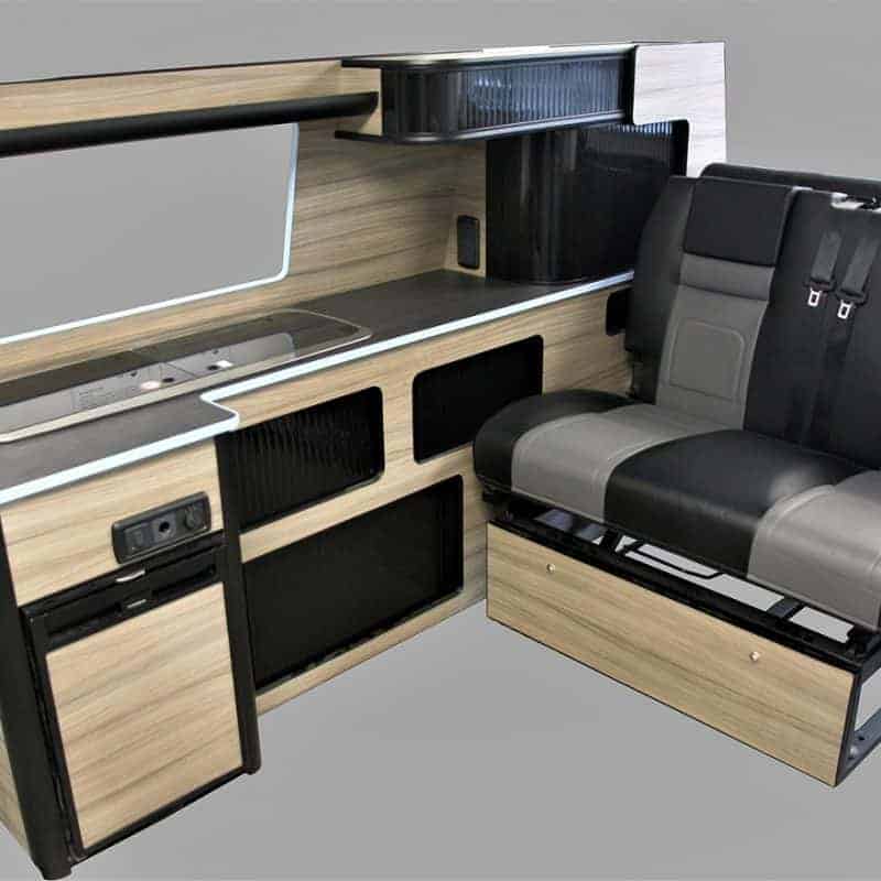 VW T5 T6 Full Length Campervan Unit wood-effect cabinetry with integrated fridge and double rear seat on a white background.
