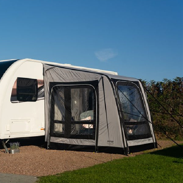 Vango Balletto 200 Air Awning shown from the left while connected to a caravan