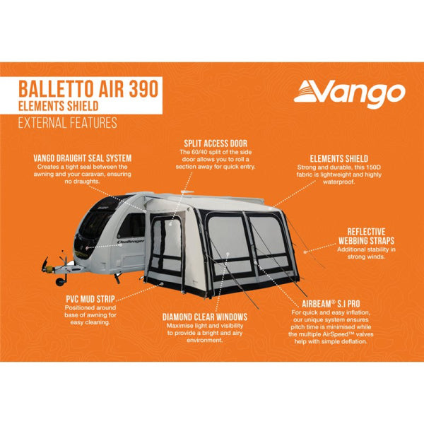 A Diagram showing the external features of a Vango Balletto 390 Elements Shield