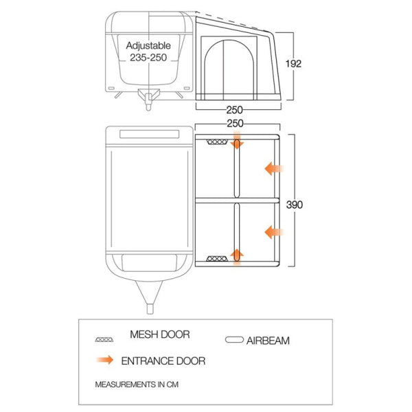 Diagram showing the dimensions of a Vangpo Balletto 390 